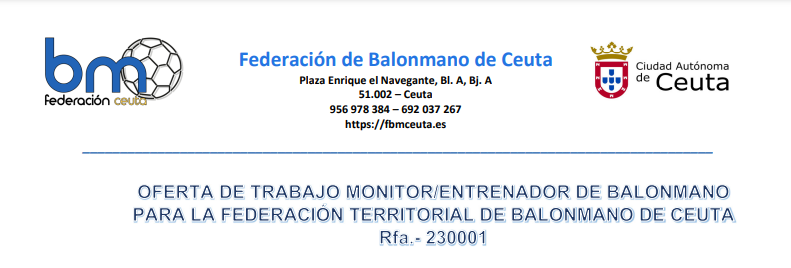 Oferta de trabajo Monitor/Entrenador de balonmano para la Federación Territorial de Balonmmano de Ceuta – REF: 230001